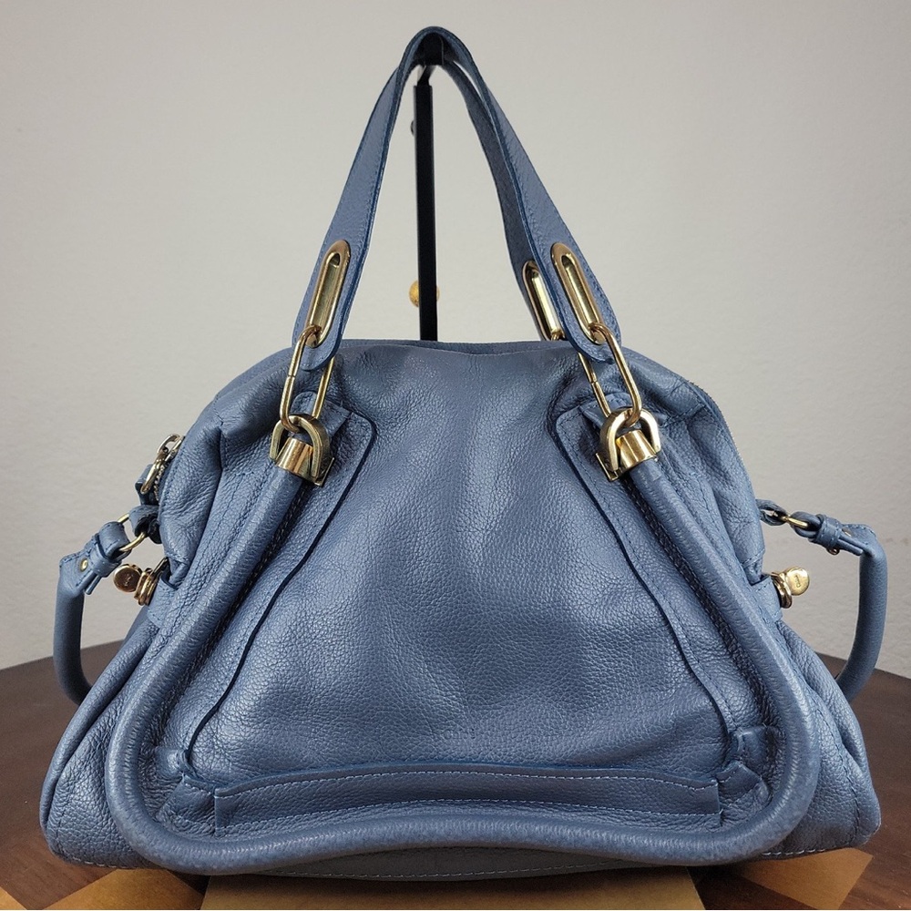 Chloe Blue Satchel with Gathered Leather and Gold Accents